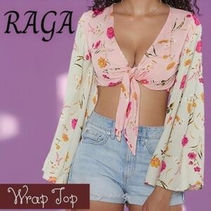 RAGA Flores Cropped Flared-Cuff-Long-Sleeve Tie Front Floral Wrap Top NWT/MD